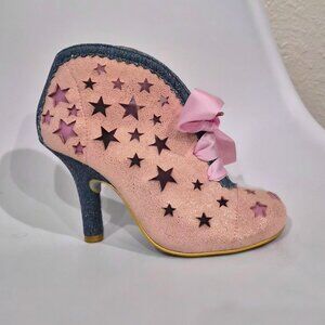 Pink glitter booties stars, pink ribbons, blue denim size 6.5 Irregular Choice